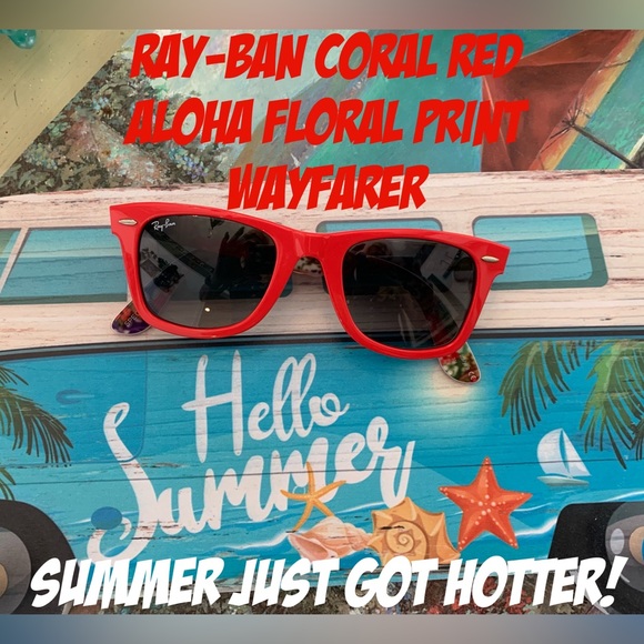 🪸❤️RAY-BAN “RARE” COLOR CORAL RED W/ FLORAL ALOHA PRINT EXCELLENT NO SCRATCHES!